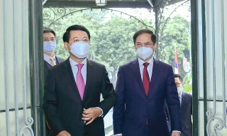 Bộ trưởng Ngoại giao Bùi Thanh Sơn và Bộ trưởng Ngoại giao Lào Saleumxay Kommasith. (Ảnh: Mofa) 