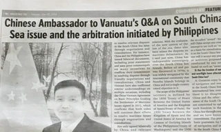 Bài viết của Đại sứ Trung Quốc tại Vanuatu đăng trên báo Daily Post của Vanuatu để tuyên truyền về quan điểm của Bắc Kinh đối với vấn đề biển Đông. Ảnh: Sydney Morning Herald