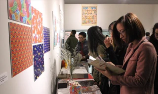 Công chúng tìm hiểu dự án Họa sắc Việt của Trịnh Thu Trang tại triển lãm Tranh Hàng Trống - Những điều xưa cũ mới mẻ. Ảnh: Hương Xuân.