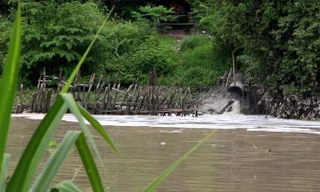 Một ống xả thải của nhà máy giấy đổ ra sông Thị Tính.