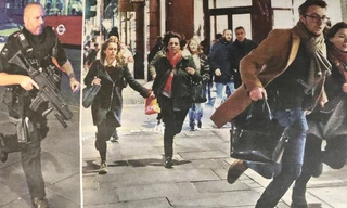 Ảnh nhỏ: Cảnh sát nhanh chóng triển khai. Ảnh lớn: Người dân hoảng loạn bỏ chạy.