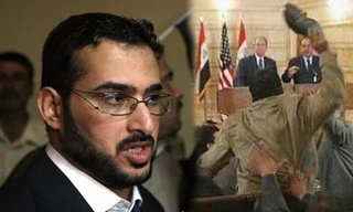 Ứng viên Muntadhar al-Zaidi (đeo kính) và cảnh ném giầy. Ảnh: Siasat.