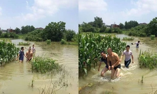 Tên tội phạm bị bắt sau màn rượt đuổi qua dòng nước lũ.