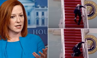 Bà Jen Psaki (trái) và khoảnh khắc ông Biden vấp ngã cầu thang (phải).