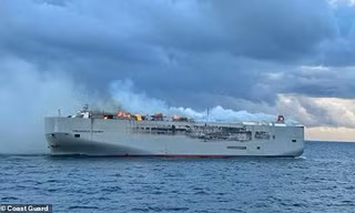 Con tàu chở gần 3.000 xe hơi chìm trong 'biển' lửa, nghi do cháy xe điện