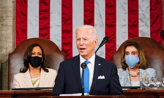 Bài phát biểu tối 28/4 (giờ Mỹ) của ông Biden dài một tiếng năm phút. Ảnh: AP