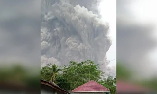 Cột tro bụi cao 15.000m từ núi lửa Semeru. Ảnh chụp màn hình