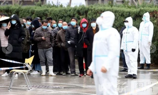 Người dân quận Tân Hải xếp hàng chờ xét nghiệm. Ảnh: Global Times