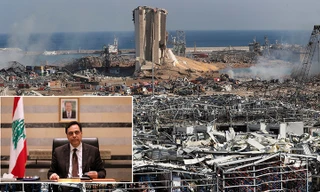 Ảnh lớn: Hiện trường vụ nổ ngày 4/8. Ảnh nhỏ: Thủ tướng Li-băng Hassan Diab. 