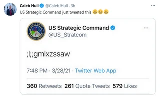 Dòng kí tự khó hiểu được đăng tải trên trang Twitter của Bộ Tư lệnh Chiến lược Mỹ.
