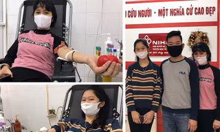 Gia đình chị Bình hiến máu tại Viện Huyết học và Truyền máu Trung ương ngày 7/4