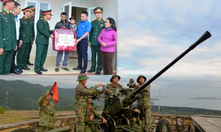 Đoàn công tác trao tặng quà cho nhân dân trên đảo Trần (ảnh nhỏ) và chiến sĩ Đại đội pháo cao xạ 37, Tiểu đoàn Đảo Ngọc Vừng huấn luyện chiến đấu phòng không.