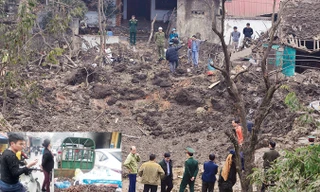 Hiện trường vụ nổ (ảnh lớn). Những viên đạn được thu gom sau vụ nổ (ảnh nhỏ). Ảnh: Nguyễn Hoàn.