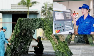 Nữ đoàn viên Nhà máy Z129 đang thao tác trên máy CNC (ảnh nhỏ) và sản phẩm lưới nguỵ trang của tuổi trẻ Nhà máy Z176. Ảnh: N.M.