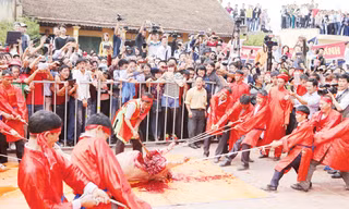 Cảnh chém lợn ở làng Ném Thượng (Bắc Ninh) ngày mùng 6 Tết Ất Mùi. Ảnh: Như Ý.