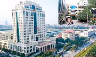 Bộ Tài nguyên Môi trường cũ (số 83 Nguyễn Chí Thanh) và Bộ Tài nguyên Môi trường mới (số 10 Tôn Thất Thuyết). Ảnh: Như Ý.