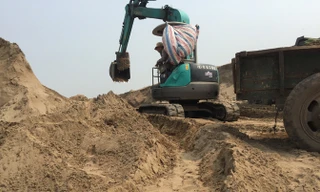 Kinh doanh cát trên bờ sông Hồng.
