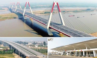 Cụm dự án Nhật Tân - Nội Bài mới khánh thành: Cầu Nhật Tân (ảnh trên), đường Võ Nguyên Giáp (trái), nhà ga T2 (phải). Ảnh: PV.