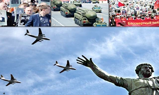 Ảnh 1: Tổng thống Putin dẫn đầu đoàn diễu hành. Ảnh 2: Tên lửa hiện đại của quân đội Nga. Ảnh 3: Đoàn quân bất tử. Ảnh 4: Máy bay vận tải quân sự IL 76 bay trên bầu trời Mátxcơva.