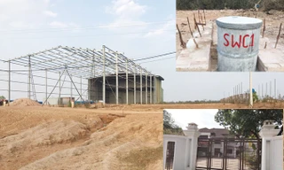 Đại công trường dang dở (ảnh lớn) Cổng trụ sở điều hành cửa đóng, then cài (ảnh nhỏ dưới) và các mũi khoan đã bít, lấp bằng bê tông (ảnh nhỏ trên).