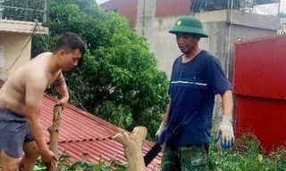 Thiếu tá Tăng Bá Hưng (đội mũ) tham gia công tác khắc phục hậu quả sau bão.