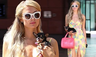 Paris Hilton thần thái sang chảnh, diện váy xẻ bế cún cưng