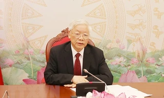 Tổng Bí thư, Chủ tịch nước Nguyễn Phú Trọng điện đàm trực tiếp với Tổng Bí thư, Chủ tịch nước Lào Bounnhang Vorachith. (Ảnh: Trí Dũng/TTXVN)