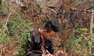 Tranh thủ giờ nghỉ làm, cậu học trò dân tộc Mông Sùng A Sì ngồi ở rừng làm bài tập nộp cho đúng thời hạn của cô giáo đưa ra.