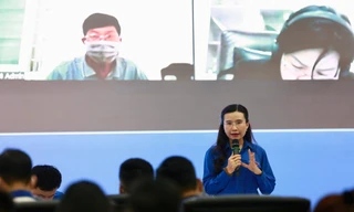 Chị Nguyễn Phạm Duy Trang, Bí thư T.Ư Đoàn, Chủ tịch Hội đồng Đội T.Ư phát biểu tại hội nghị. Ảnh: Bảo Anh