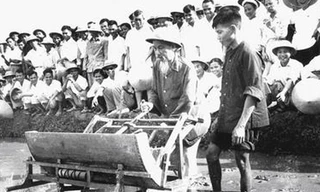 Bác đang cùng bà con nông dân thử nghiệm máy cấy mới ở ngoại thành Hà Nội năm 1961. Ảnh: Tư liệu