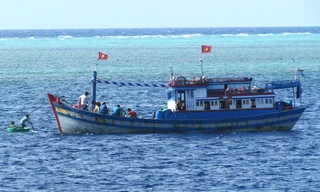 Tàu cá của ngư dân Bình Thuận khai thác hải sản gần đảo Đá Lớn, huyện đảo Trường Sa, tỉnh Khánh Hòa
