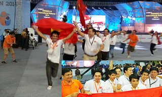 Cờ Việt Nam tung bay trên sân thi đấu ở Ấn Độ (ảnh lớn) và niềm vui vỡ òa của thầy trò trường Lạc Hồng