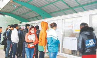 Người lao động tìm kiếm thông tin việc làm tại KCN Bắc Thăng Long, Đông Anh, Hà Nội sáng ngày 10/2. Ảnh: Thanh Hùng