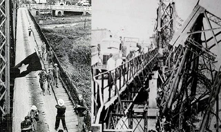 Nhóm chiến sĩ đầu tiên qua cầu Long Biên tiến vào tiếp quản Thủ đô ngày 10/10/1954 (trái); Cầu Long Biên bị máy bay Mỹ làm hư hại năm 1972