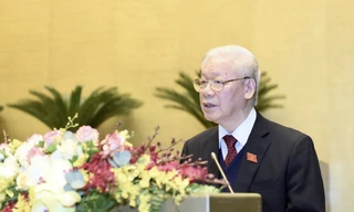 Tổng Bí thư, Chủ tịch nước Nguyễn Phú Trọng báo cáo Quốc hội tại kỳ họp thứ 11. Ảnh Như Ý