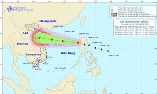 Dự báo đường đi của bão Podul. Với tốc độ di chuyển khá nhanh, bão sẽ nằm trên phía Nam vịnh Bắc Bộ vào sáng Thứ Bảy (31/8)