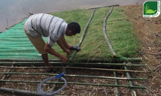 Bè nổi được làm từ tre và cỏ trên các đảo hồ Đồng Mô.