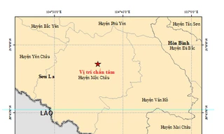 Tâm chấn trận động đất thứ ba trong chiều nay ở Mộc Châu, Sơn La. Nguồn: Trung tâm báo tin động đất và cảnh báo sóng thần. 