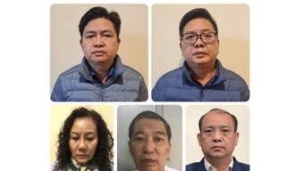 Các bị can từ trái sang phải: Nguyễn Vũ Bảo Hoàng; Nguyễn Ngọc Trường Chinh; Nguyễn Thị Bích Ngọc; Quan Minh Tuấn; Nguyễn Văn Lành. Ảnh: N.L