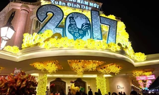 Những cành mai vàng cùng chú gà được trang trí tại Tràng Tiền plaza chào đón năm Đinh Dậu