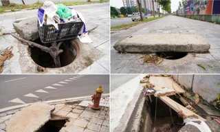 Hàng loạt hố ga không nắp trên tuyến đường mới mở ở Long Biên