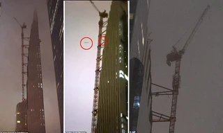 Người đi đường sợ hãi khi cần cẩu cao 70 mét xoay tít do mưa to gió lớn, hất tung mọi thứ