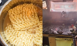 Hai anh em tự nấu mỳ gây cháy nhà, anh ôm lấy em để che chắn, còn mình chịu bỏng hết lưng