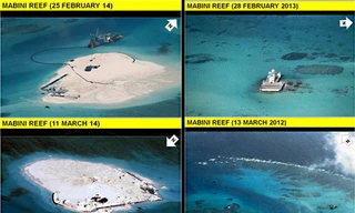 Ảnh chụp 4 thời điểm khác nhau từ năm 2012 đến nay cho thấy Trung Quốc đang cải tạo Đá Gạc Ma. Ảnh: Philstar