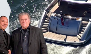 Tỷ phú Trung Quốc Quách Văn Quý (trái), cựu chiến lược gia trưởng Nhà Trắng Steve Bannon và chiếc du thuyền Lady May giá 37 triệu USD. Ảnh: Reuters và Getty Images.