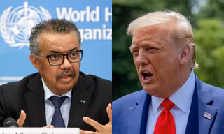 Tổng thống Mỹ Donald Trump (phải) ngày 21/1/2025 ký sắc lệnh hành pháp về việc Mỹ sẽ rời khỏi Tổ chức Y tế Thế giới, hiện do Tổng giám đốc Tedros Adhanom Ghebreyesus (trái) lãnh đạo. Mỹ là một trong những nhà tài trợ tài chính lớn nhất của tổ chức này, đóng vai trò trung tâm trong phản ứng với đại dịch toàn cầu COVID-19. Ảnh: AP.