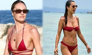 Hai thiên thần nội y đắt giá cùng diện bikini đỏ nổi bật trên biển