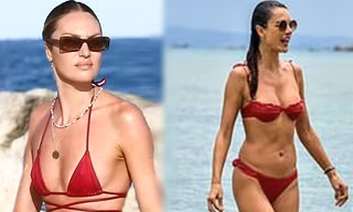 Hai thiên thần nội y đắt giá cùng diện bikini đỏ nổi bật trên biển