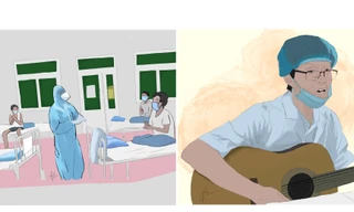 Hình ảnh bác sĩ Bệnh viện C Đà Nẵng: bác sĩ Đương (ảnh trái) hát động viên bệnh giữa phòng bệnh và bác sĩ Nguyễn Quý Thiện đàn hát trong giờ giải lao giữa tâm dịch gây xúc động được Minh Anh khắc họa