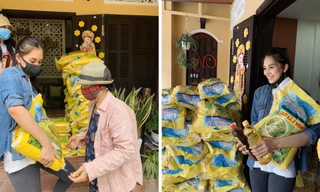Hoa hậu Tiểu Vy giản dị, mang gạo tặng đồng hương giữa dịch COVID